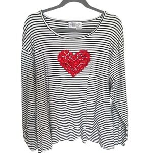 Peanut Butter & Jelly Womens 2X Striped Sequin Heart Long Sleeve Top Black White